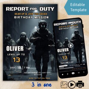 Army Birthday Invitation – Editable Military Gaming Canva Template