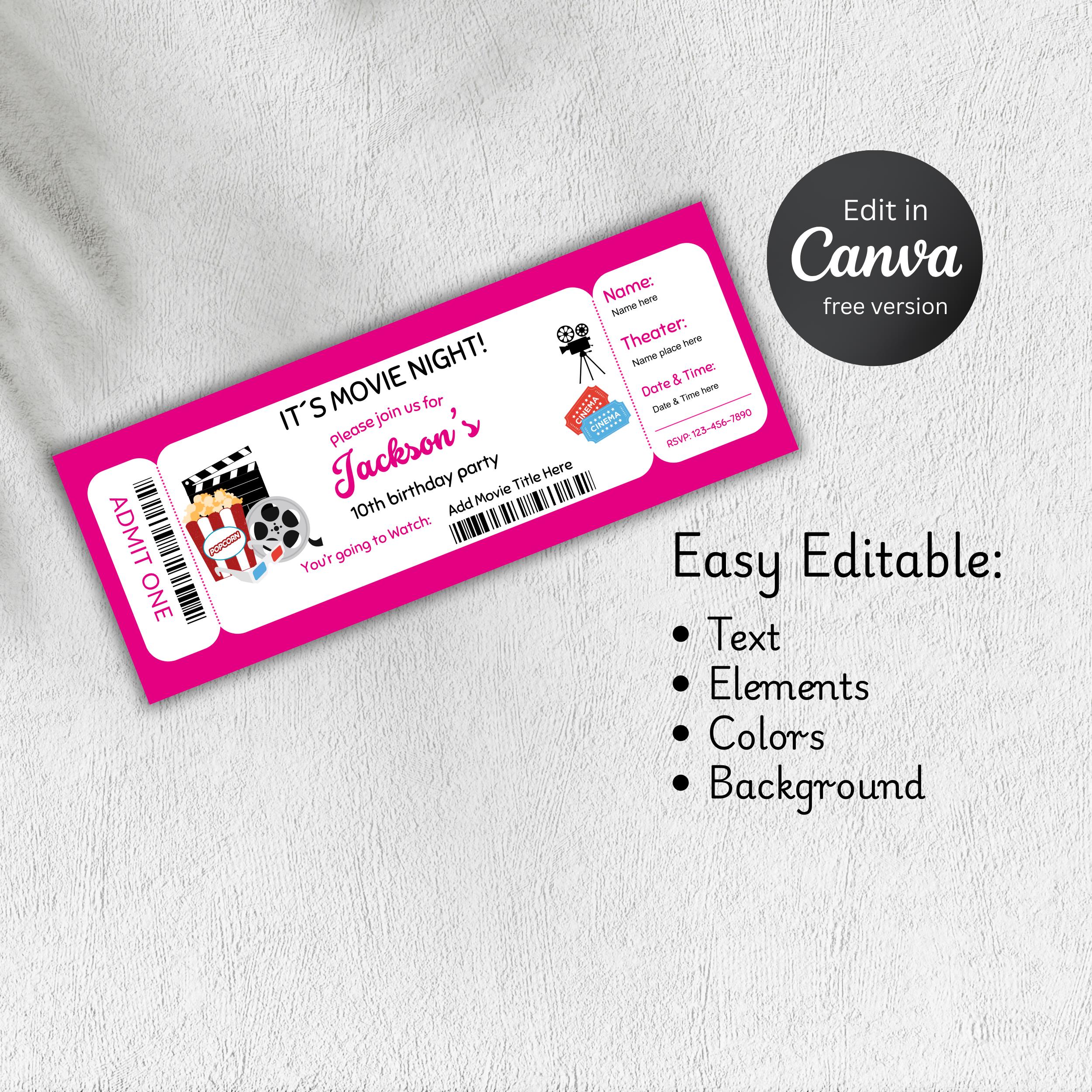 Birthday Invitation for Movie Ticket: Cinema Party Editable Canva Template (Digital Download) 5 Birthday Invitation for Movie Ticket: Cinema Party Editable Canva Template (Digital Download) - Image 5