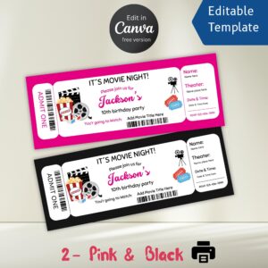 Birthday Invitation for Movie Ticket: Cinema Party Editable Canva Template (Digital Download)