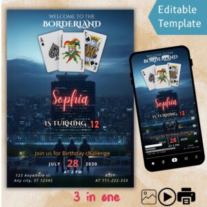 Cross in the Borderland birthday invitation editable Canva template