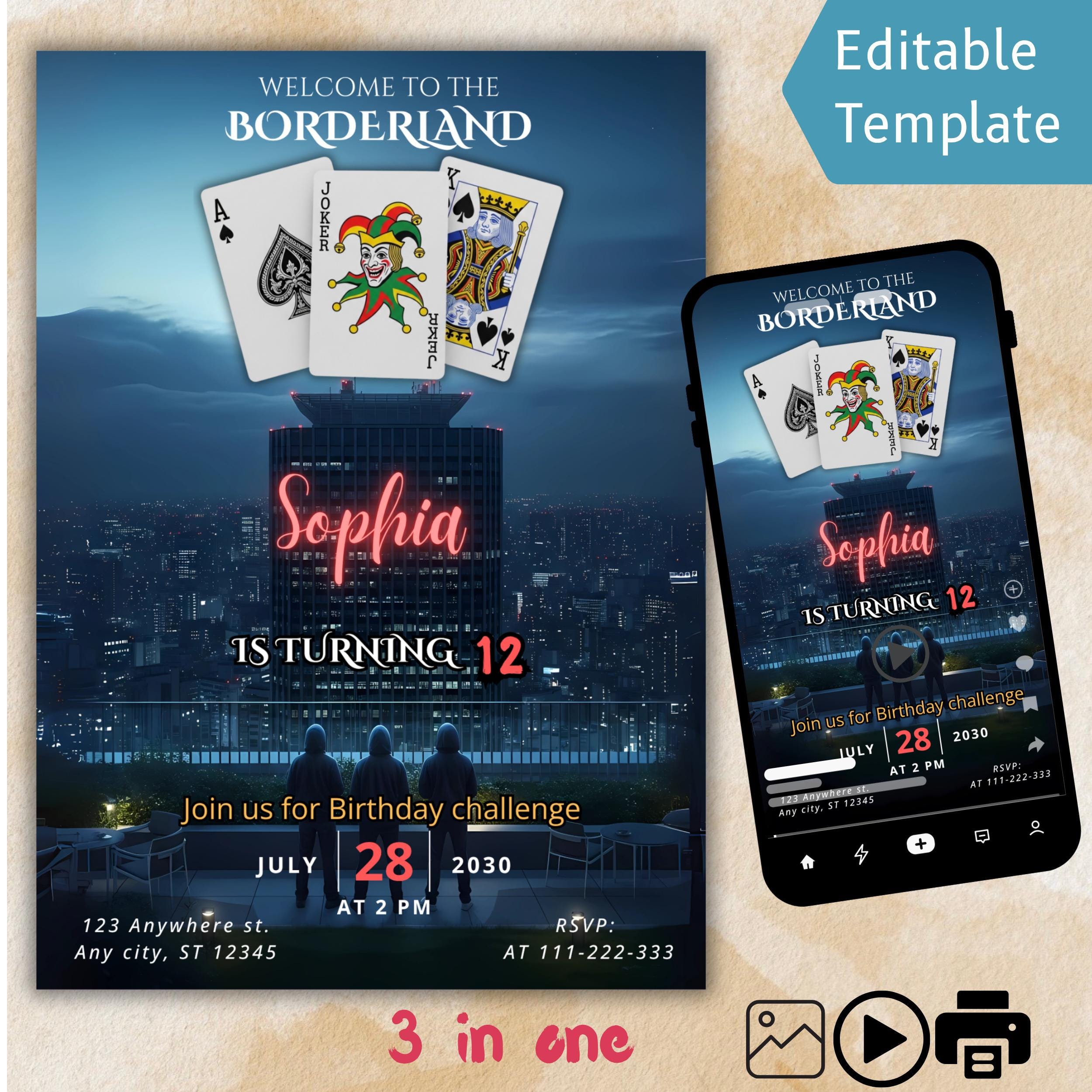 Alice in the Borderland Birthday Invitation – Editable Canva 1 Cross in the Borderland birthday invitation editable Canva template