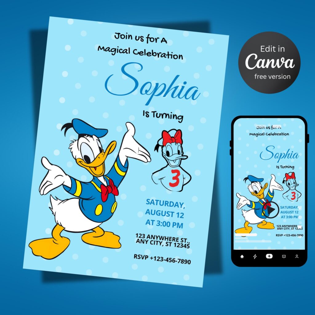Donald Duck birthday invitation editable Canva template