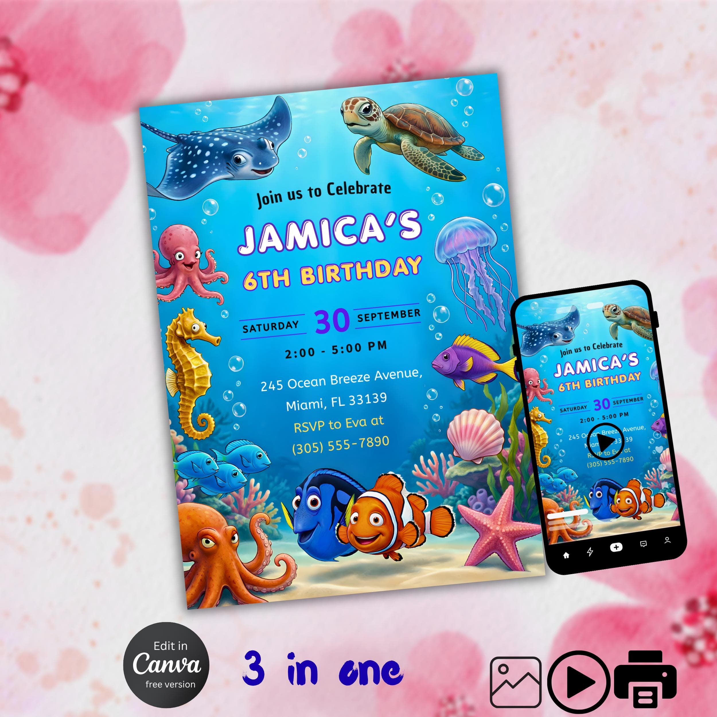 Finding Nemo Birthday Invitation – Editable Canva Template 1 Finding Nemo birthday invitation editable Canva template