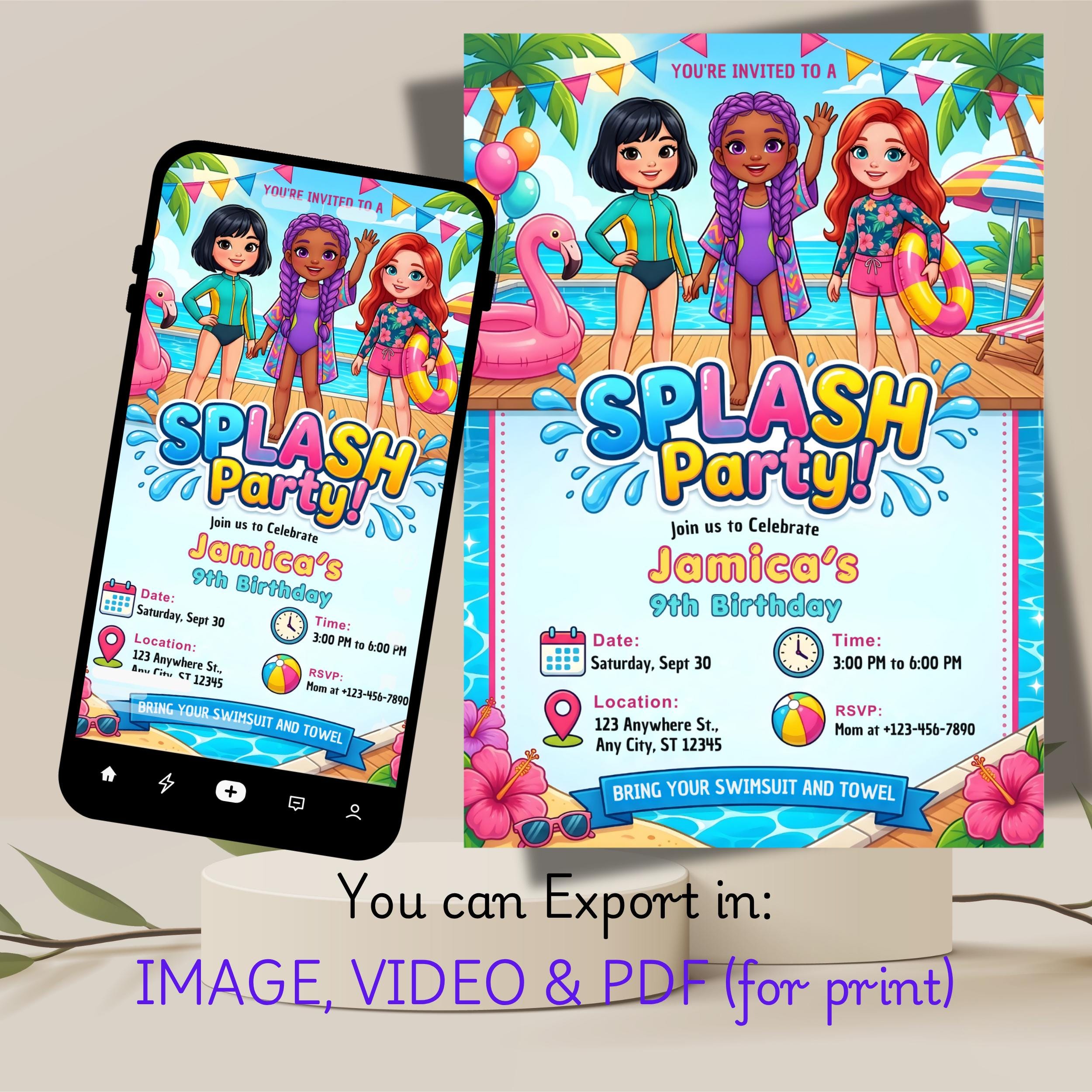 Girls Pool Party Invitation | Editable Canva Birthday Invite 3 Girls Pool Party Invitation | Editable Canva Birthday Invite - Image 3