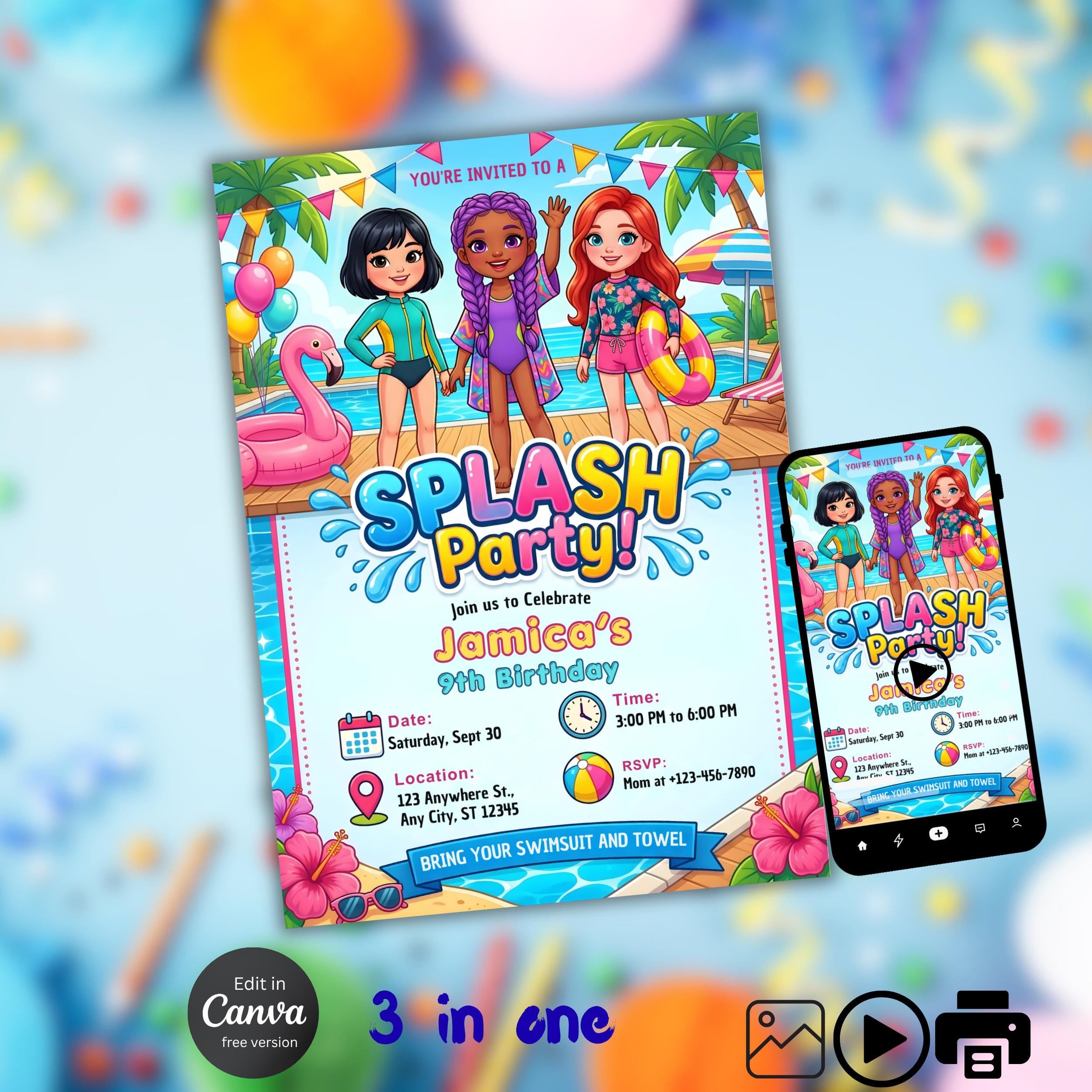 Girls Pool Party Invitation | Editable Canva Birthday Invite 2 Girls Pool Party Invitation | Editable Canva Birthday Invite - Image 2