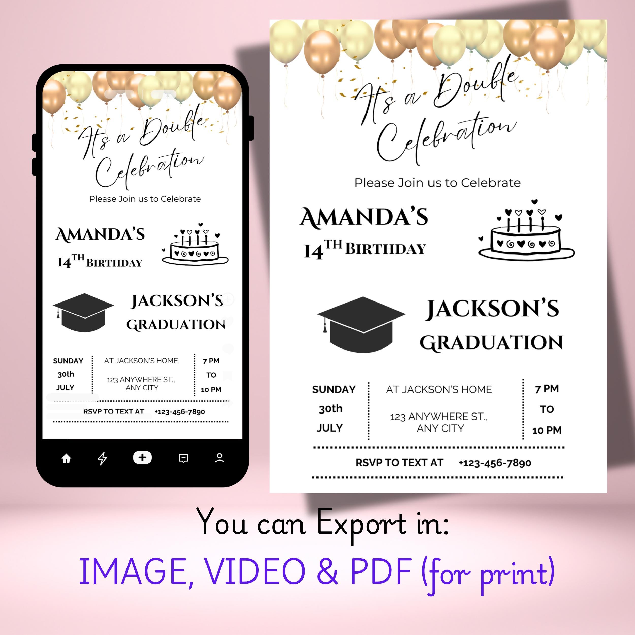 Birthday Graduation Invitation – Gold Glitter Joint Party Canva Template 1 Birthday Graduation Invitation