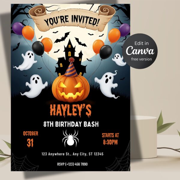 Halloween Birthday Party Invitation: Spooky Kids Theme (Digital) Halloween Birthday party free invite