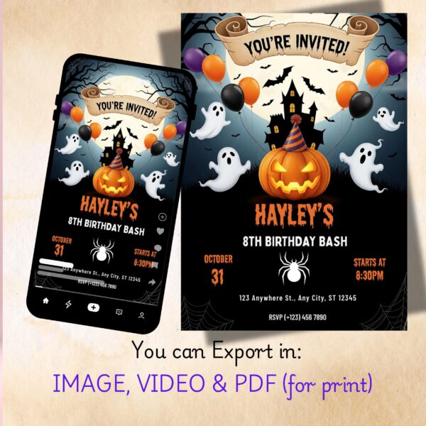 Halloween Birthday Party Invitation: Spooky Kids Theme (Digital) Editable Halloween Birthday Party Invitation – Video, Printable & Mobile Canva Template