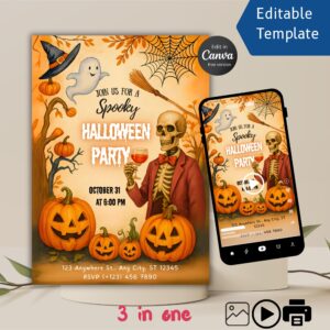 Halloween Party Invitation | Spooky Pumpkin Party Invite Editable Canva Template (Digital Download) Halloween Party Invitation – Video, Printable & Mobile Canva Template