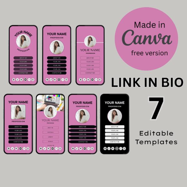 Instagram Link In Bio Template: Pink Canva Editable (7 Templates) Instagram Link in Bio Canva Templates – Editable Bio Website Kit (7 Templates)