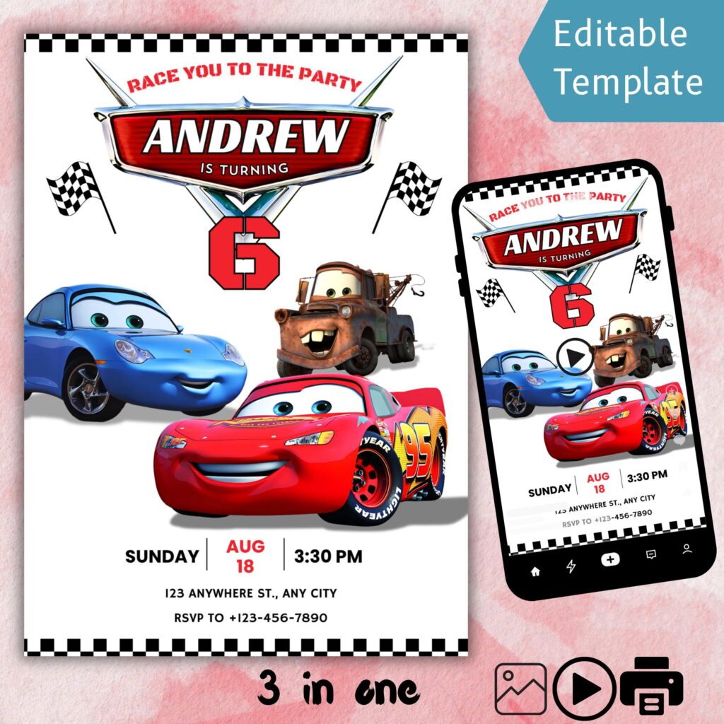 Lightning McQueen birthday invitation editable Canva template