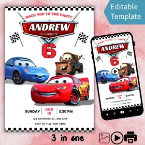 Lightning McQueen birthday invitation editable Canva template
