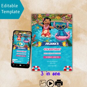 Lilo and Stitch pool party invitation editable Canva template