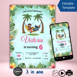 Lilo and Stitch birthday invitation editable Canva template