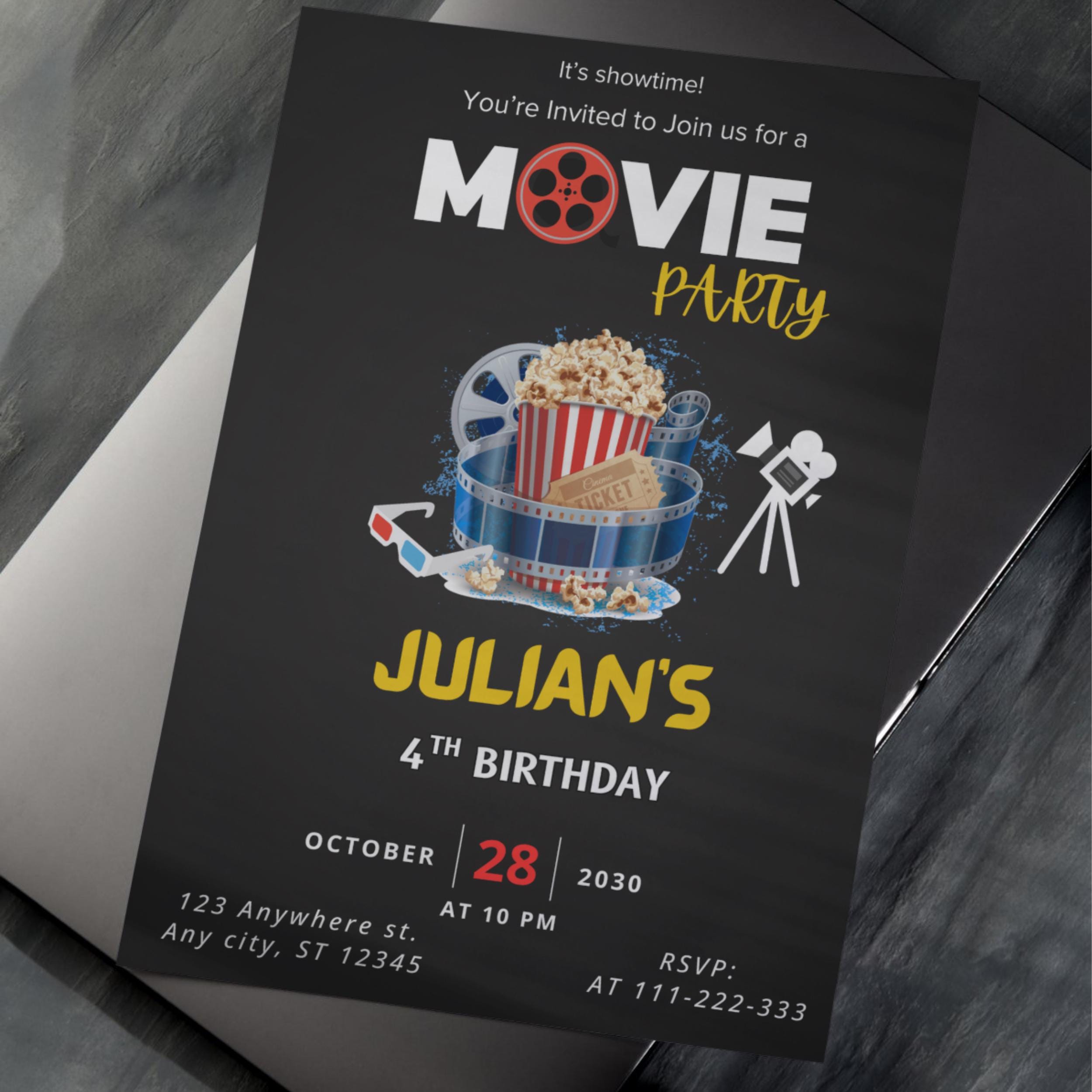 Movie Night Birthday Editable Invitation: Video & Printable Party Invite (Canva Template) - Image 7