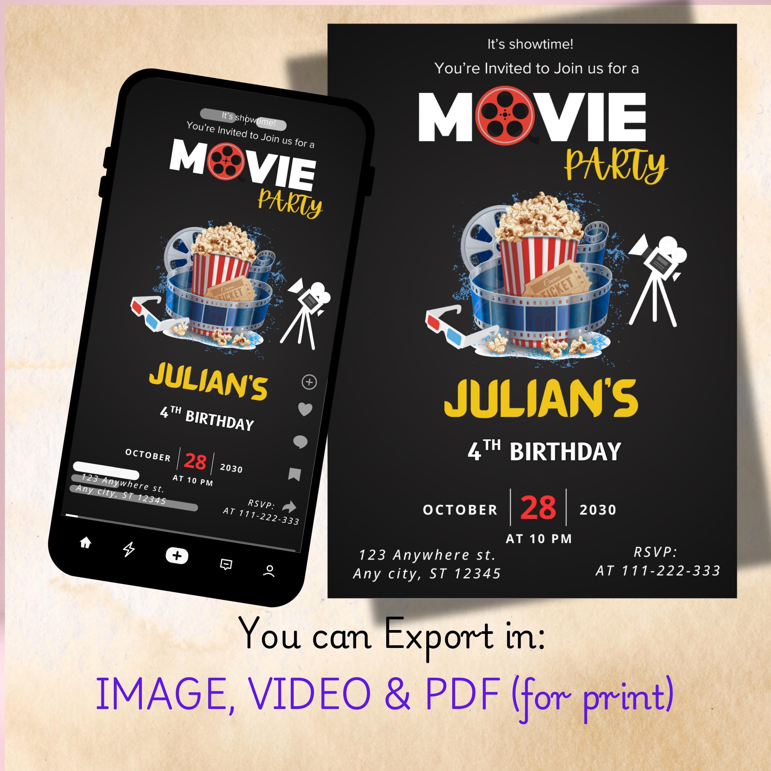 Movie Night Birthday Editable Invitation: Video & Printable Party Invite (Canva Template) - Image 2