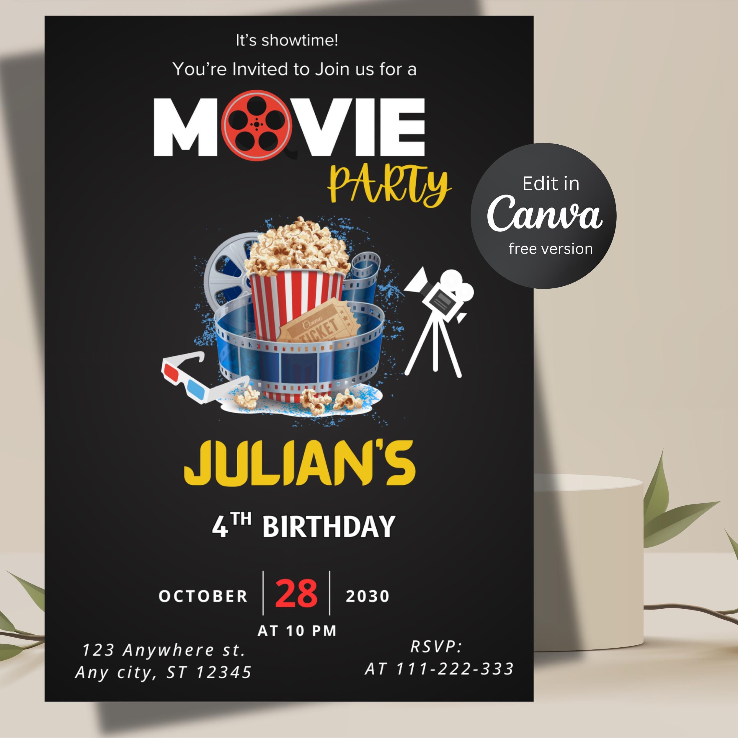 Movie Night Birthday Editable Invitation: Video & Printable Party Invite (Canva Template) - Image 3