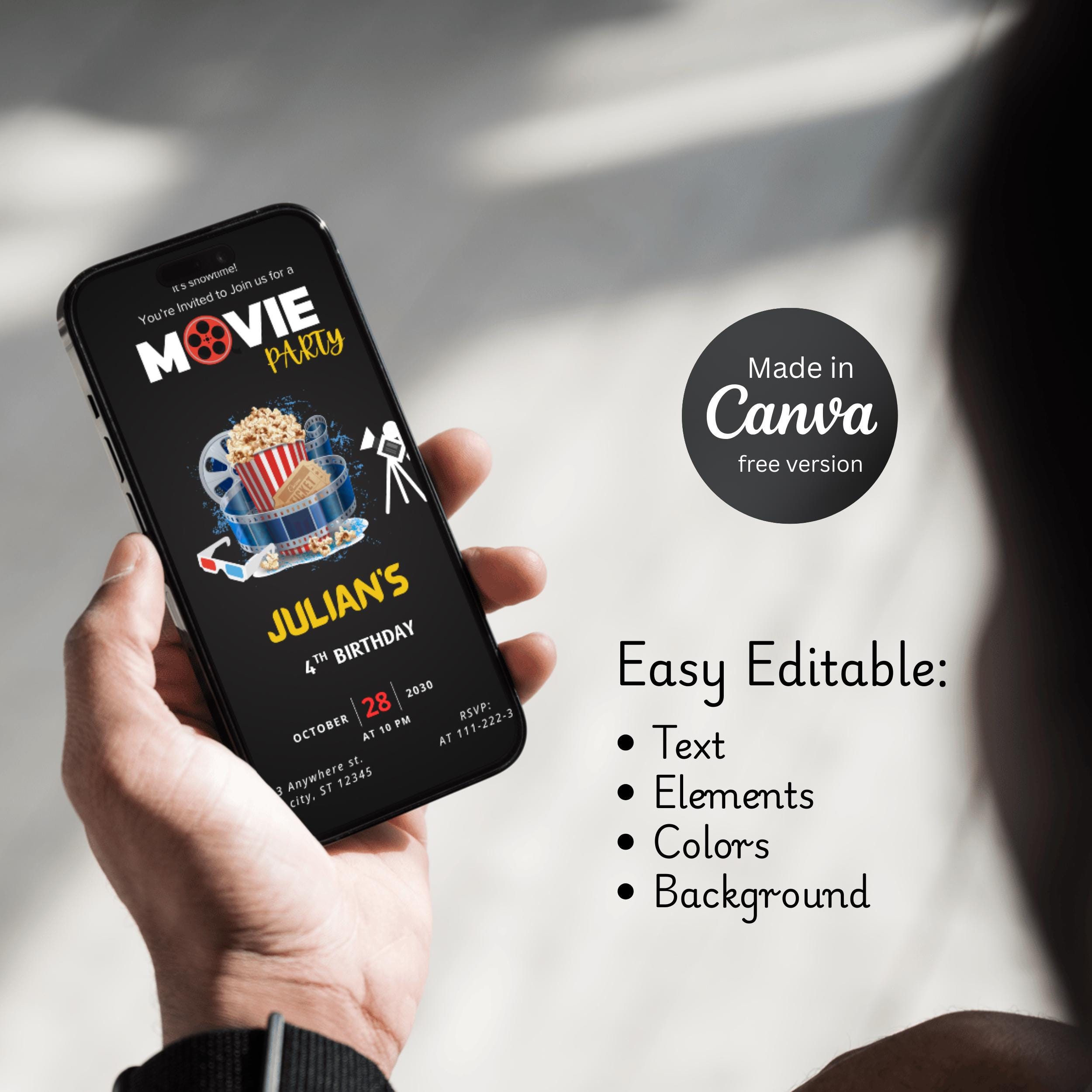 Movie Night Birthday Editable Invitation: Video & Printable Party Invite (Canva Template) - Image 8