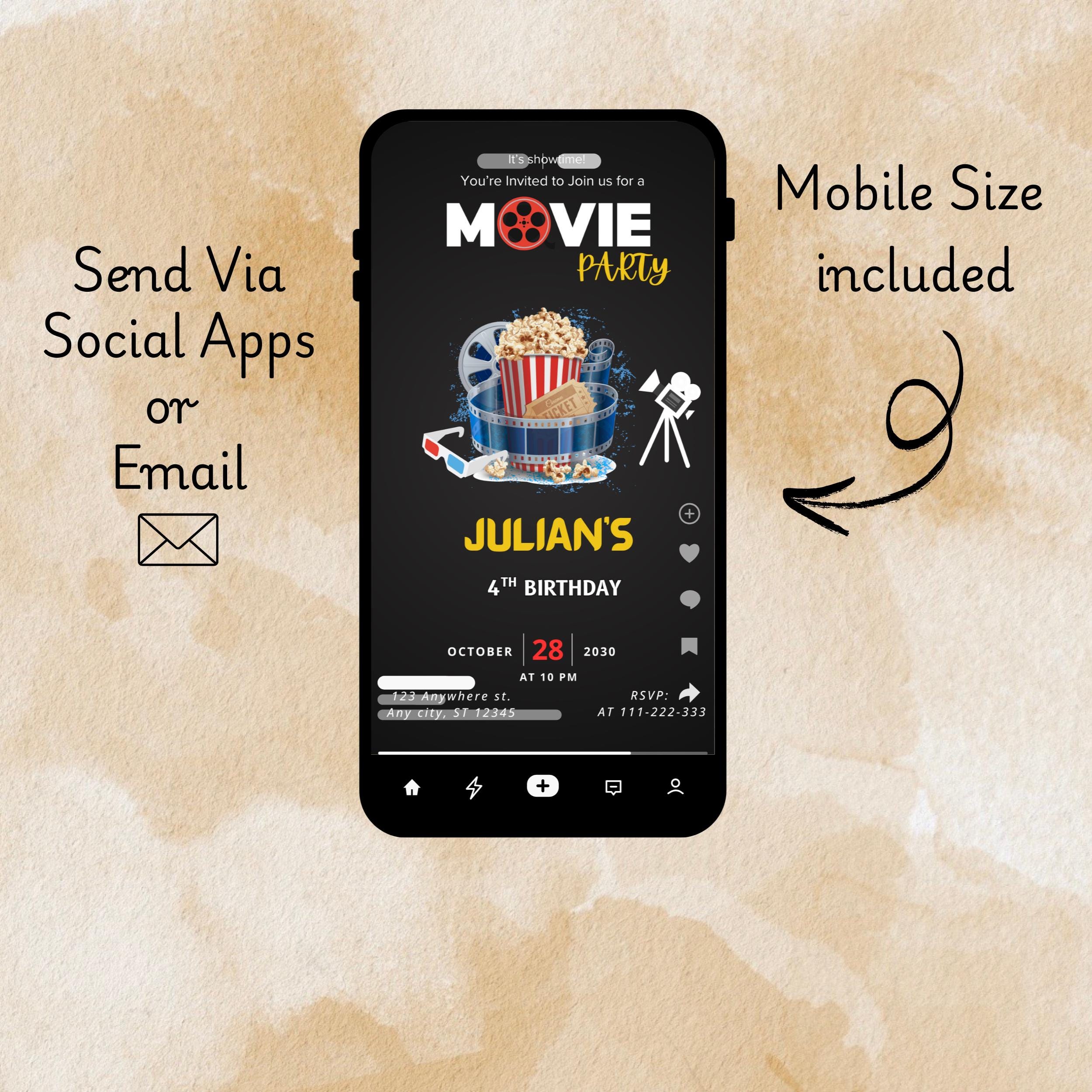 Movie Night Birthday Editable Invitation: Video & Printable Party Invite (Canva Template) - Image 5