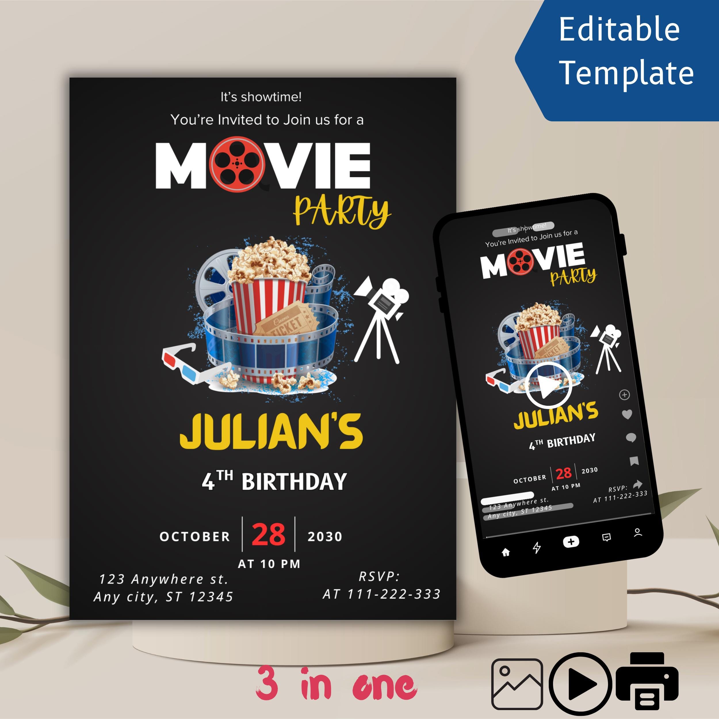 Movie Night Birthday Editable Invitation: Video & Printable Party Invite (Canva Template)
