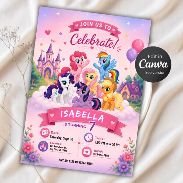 My Little Pony Birthday Invitation | Rainbow Dash & Pinkie Pie Party Invite | Editable Canva Template My Little Pony Birthday Invitation Template – Free Canva Editable
