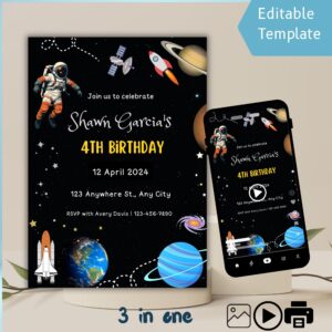 Outer Space Birthday Invitation Template: Editable Galaxy Theme, Video & Printable (Canva Template) Space Birthday Party Invitation – Editable Astronaut, Galaxy & Rocket Canva Template