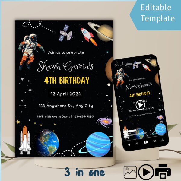 Space Birthday Party Invitation – Editable Astronaut, Galaxy & Rocket Canva Template