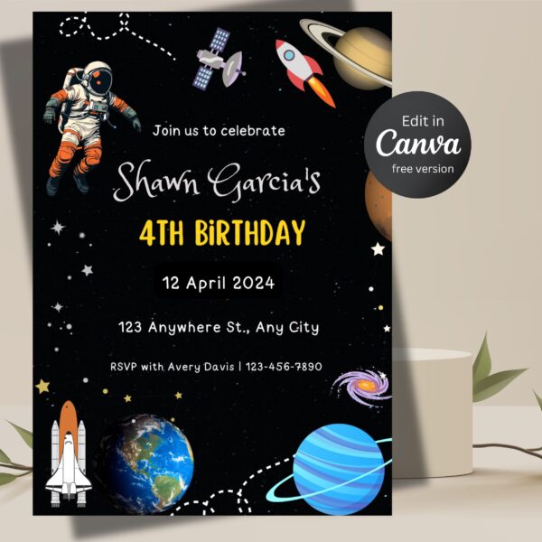 Space Birthday Party Invitation – Editable Astronaut, Galaxy & Rocket Canva Template