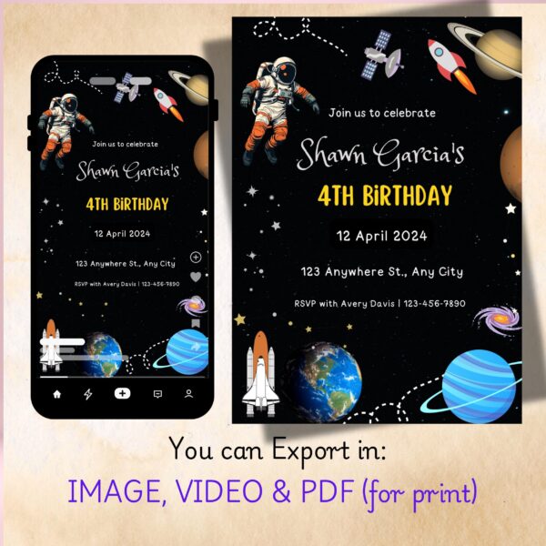 Space Birthday Party Invitation – Editable Astronaut, Galaxy & Rocket Canva Template