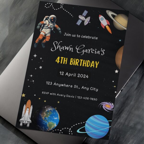 Space Birthday Party Invitation – Editable Astronaut, Galaxy & Rocket Canva Template