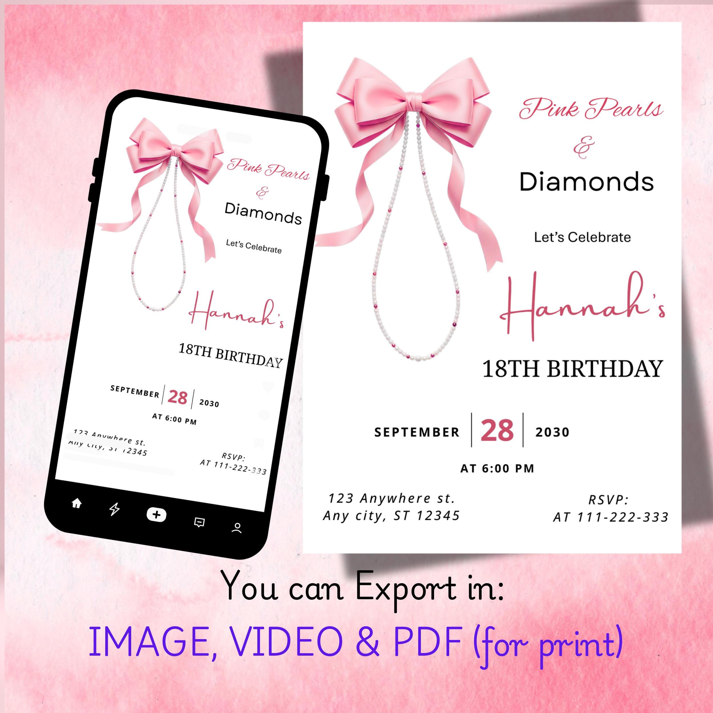 Pink Bow Denim Birthday Invitation – Pearls & Diamonds Canva Template 2 Pink Bow Denim Birthday Invitation – Pearls & Diamonds Canva Template - Image 2