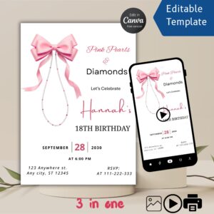 Pink Bow Denim Birthday Invitation – Pearls & Diamonds Canva Template