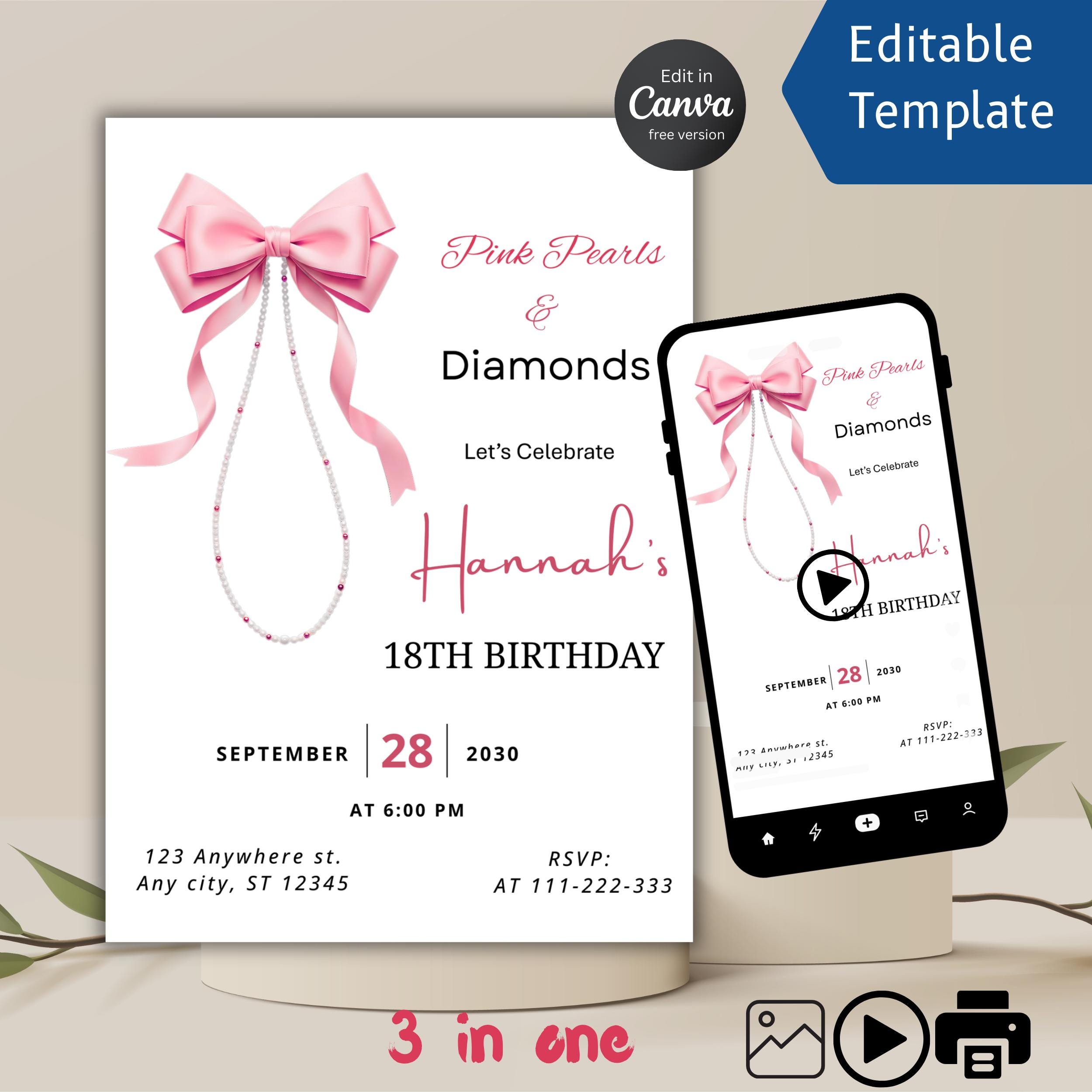 Pink Bow Denim Birthday Invitation – Pearls & Diamonds Canva Template 1 Pink Bow Denim Birthday Invitation – Pearls & Diamonds Canva Template