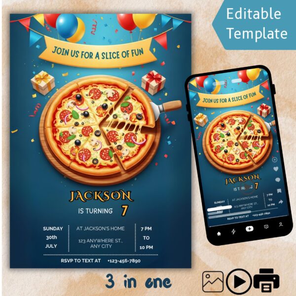 Pizza Party Video Invitation: Editable Birthday Template (Digital Download) Pizza Party Birthday Invitation Digital Download and editable