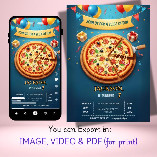 Pizza Party Video Invitation: Editable Birthday Template (Digital Download) Pizza Party Birthday Invitation Digital Download and editable