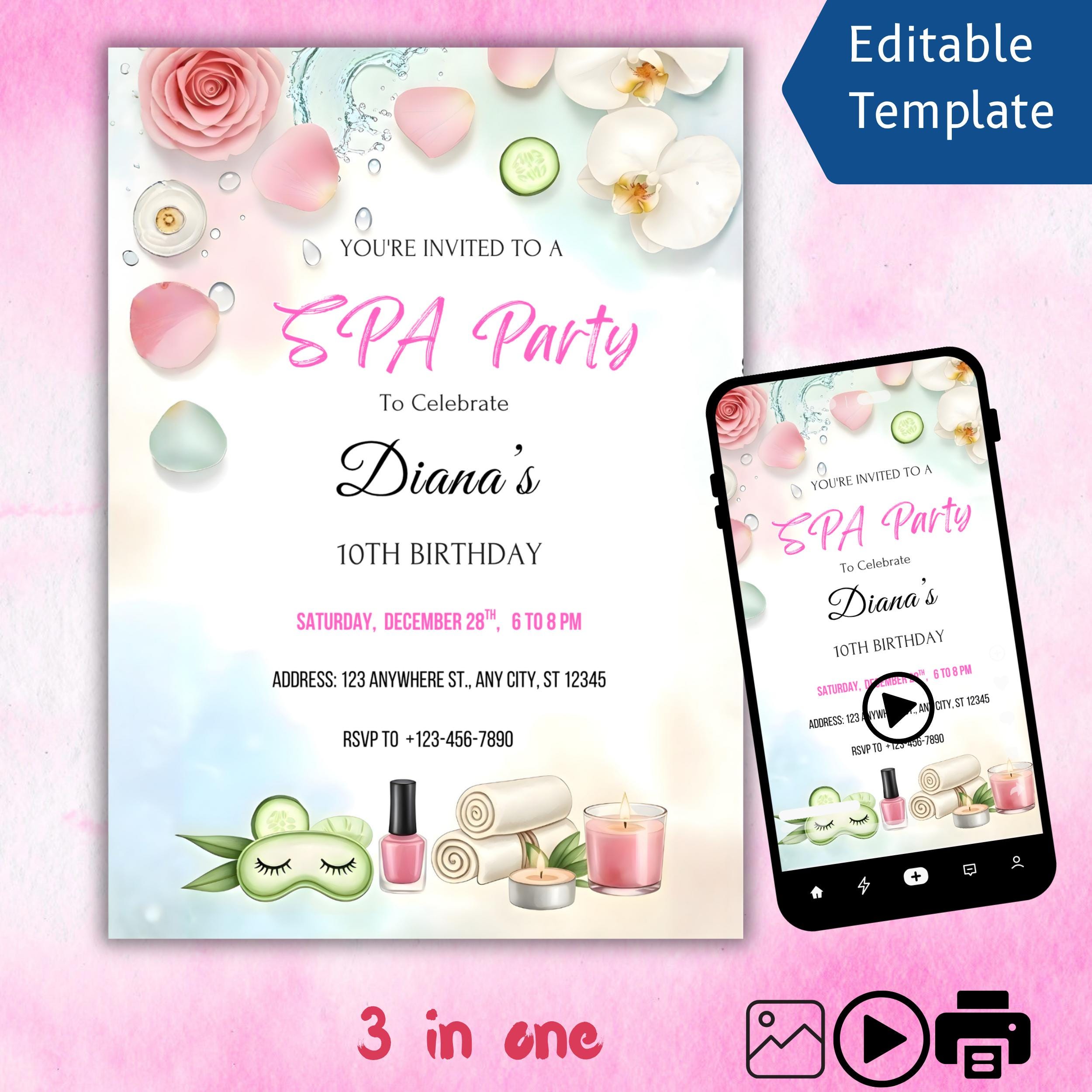 Spa Birthday Party Invitation | Editable Pink Canva Template 1 Spa Birthday Party Invitation