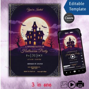Spooky Halloween Party Invite: Skeleton & Costume Theme (Editable Canva Template) Let’s Get Spooky Halloween Party Invitation – Editable Canva Video & Printable Invite