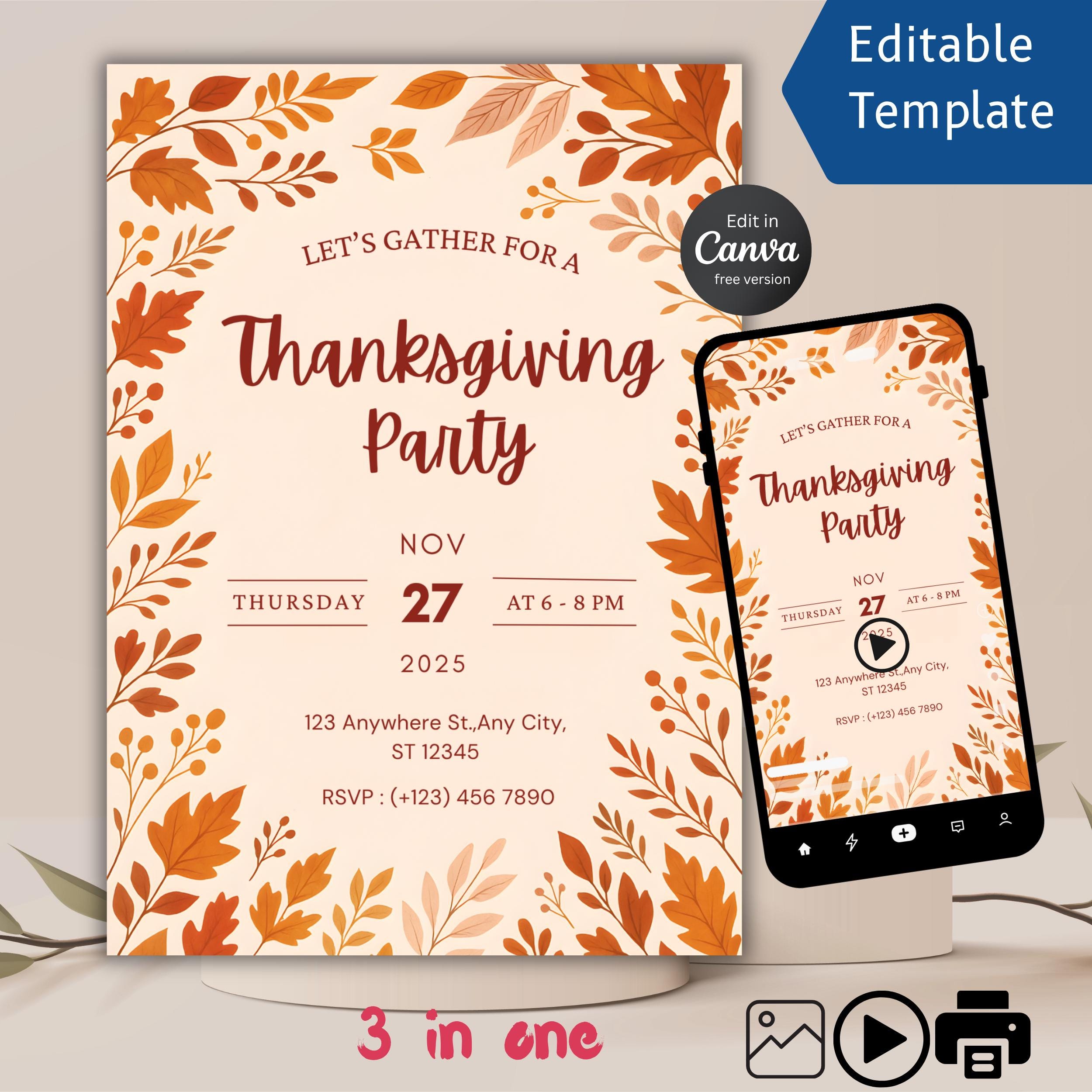 Thanksgiving Party Invitation | Editable Canva Dinner Invite 1 Free Thanksgiving Party Invitation
