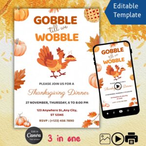 Thanksgiving Invitation Template | Editable Canva Dinner Invite