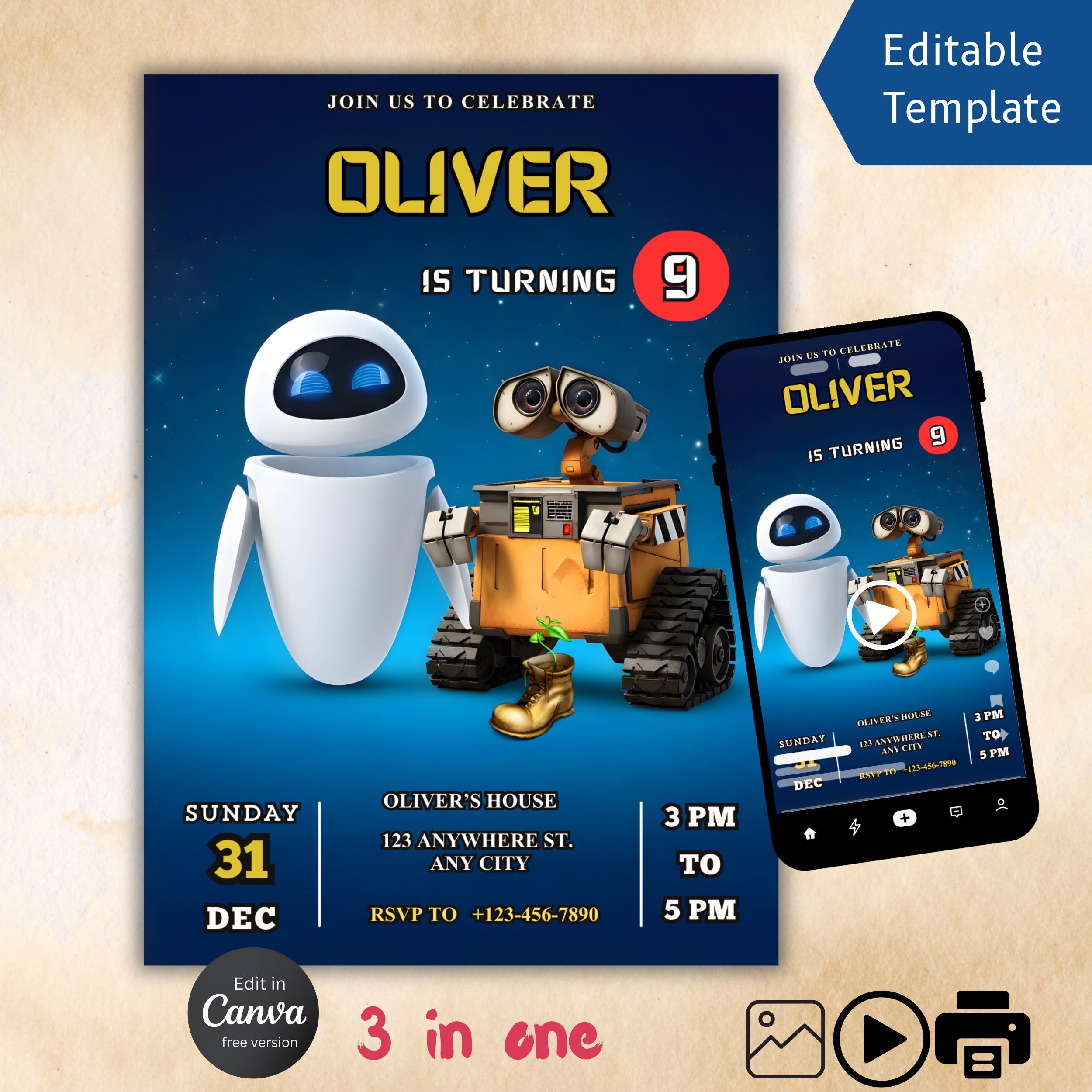 Wall-E Birthday Invitation – Editable Printable & Video 1 Wall-E Birthday Invitation – Editable Printable & Video